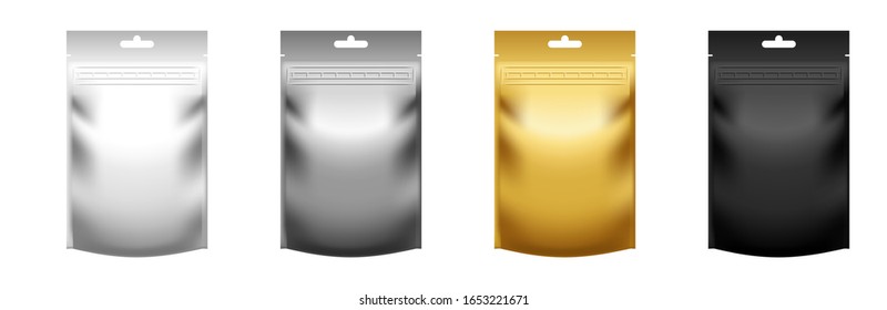 Set von realistischen Stehpouchdoypacks mit Reißverschluss einzeln auf weißem Hintergrund. Vektorillustration-Paket, Modell für Produktdesign und Branding. Faltschachtel für unscharfe Lebensmittelfolie oder Kunststoffverpackung