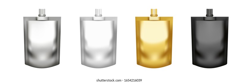 Set of realistic stand up pouch doypacks with top spout isolated on white background. Vector pack of gold, silver, white, black mockups for product design and branding. Blank food foil or plastic pack