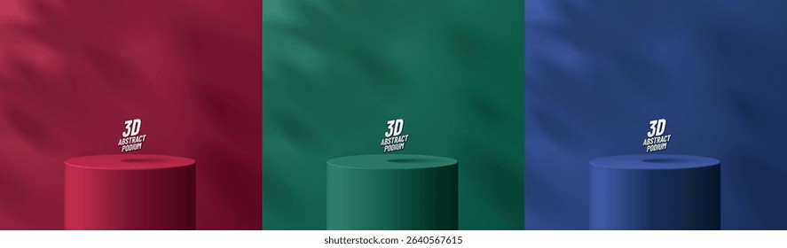 Set of realistic stand product podium 3D background in Red, Green, Blue with leaf shadow overlay. Minimal wall scene mockup product stage showcase, Promotion display. Abstract vector geometric forms.