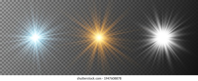 Set of realistic starburst lighting isolated on transparent background. Glow blue, yellow, white light effect. Glowing light burst explosion. Bright star illuminated. Flare effect with ray sparkles