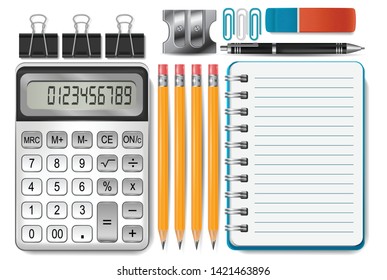 A set of realistic stationery objects on white background. Vector illustration.