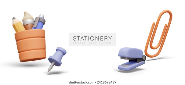 Set of realistic stationery on white background. Pencil cup, pushpin, stapler, paper clip