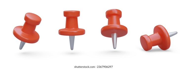 Set of realistic stationery pins. Red office thumbtack in vertical, horizontal, inclined position. Plastic stationery. Attachment, fixation. Isolated vector