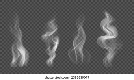 Set of realistic steam from hot drinks, food. Vector illustration with white cloudy smoke or fog