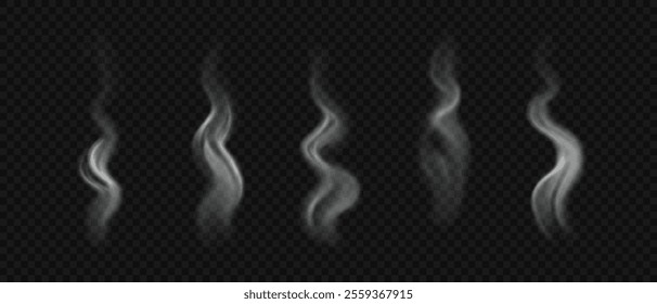 Set of realistic steam on hot food, drink, hookah and cigarettes. White vector wavy smoke or haze isolated on transparent backdrop