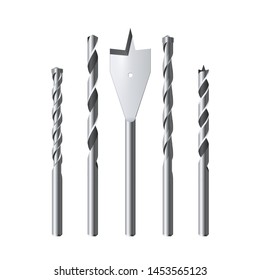 Set of realistic steel Drill Bits  Vector illustration isolated on white background