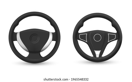 Set of realistic steering wheel vector illustration. Front view of circle leather equipment for driving automobile isolated on white. Stylish rounded detail of transportation with and without label