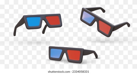 Gafas estéreo realistas para ver videos en formato 3D. Gafas de anaglyph con vidrio rojo y azul. Imagen vectorial aislada. Iconos para aplicaciones, sitios de cine