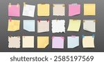 Set of Realistic Sticky Notes and Torn Paper Sheets with Tape and Paper Clips. Colorful Memo Pads and Notebook Paper. Vector Illustration.