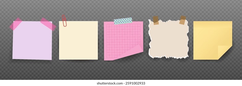 Set of Realistic Sticky Notes and Torn Paper Sheets with Tape and Paper Clips. Colorful Memo Pads and Notebook Paper. Vector Illustration.