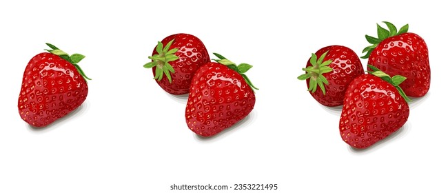 Set of realistic strawberries with leaves isolated on white background. Vegetarian organic food. Vector Illustration.