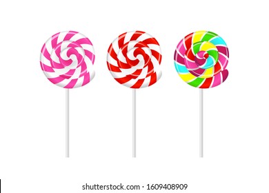 Set of realistic striped colorful lollipops on white sticks isolated on white background. Vector illustration. 