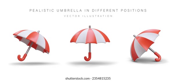 Set of realistic striped umbrellas. Rain protection. Vector images in vertical and tilted position. Color illustrations with shadows. Isolated icons in cartoon style