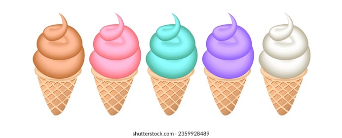 Set of realistic summer ice cream cones, Thai tea, strawberry, mint, purple potato, coconut milk in vintage style isolated on white background. Vector illustration EPS 10.
