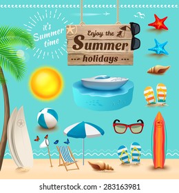 Set of realistic summer icons and objects. Vector illustration