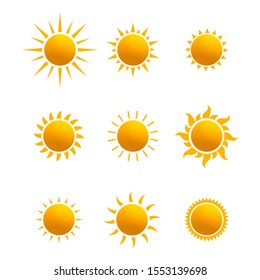 Set of realistic sun icon for weather design. Sun pictogram, flat icon. Trendy summer symbol for website design, web button, mobile app. Template vector illustration. Isolated on white background.