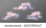 Set of realistic sunset clouds on transparent background. Pink dreamy pastel isolated elements, sky texture, weather element. Vector gradient mesh. Fantasy sunrise sky illustration.