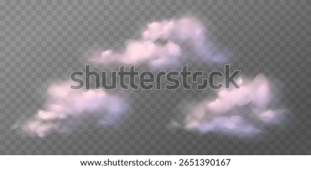 Set of realistic sunset clouds on transparent background. Pink dreamy pastel isolated elements, sky texture, weather element. Vector gradient mesh. Fantasy sunrise sky illustration.