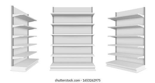 Set of realistic supermarket showcase with shelves. Vector mockup of market or mall counter for retail. Shop product display or store stall. Indoor or interior product placement concept.Shelf and rack