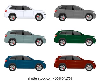 Set of realistic suv car 4x4 realistic model. realistic vector model, vector sedan car suv illustration. Side view. Different body car suv color. Auto service car set realistic vector suv body 4x4 set
