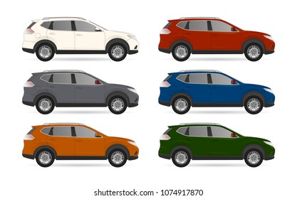 Set of realistic suv car 4x4 realistic model. realistic vector model, vector sedan car suv illustration. Side view. Different body car suv color. Auto service car set realistic vector suv body 4x4 set