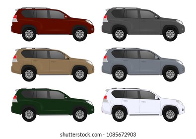 Set of realistic suv car 4x4 realistic model. realistic vector model, vector sedan car suv illustration. Side view. Different body car suv color. Auto service car set realistic vector suv body 4x4 set