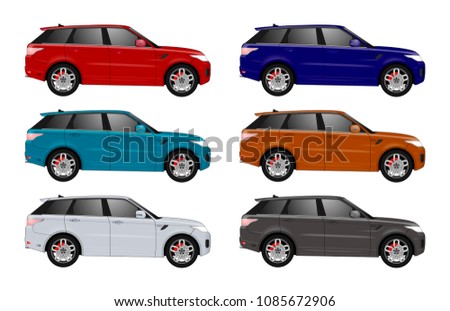 Set of realistic suv car 4x4 realistic model. realistic vector model, vector sedan car suv illustration. Side view. Different body car suv color. Auto service car set realistic vector suv body 4x4 set