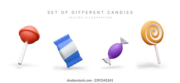 Set of realistic sweets. Round and rectangular candy in wrapper, lollipop, striped caramel. Color illustrations for sweets shop. Delicious elements of party