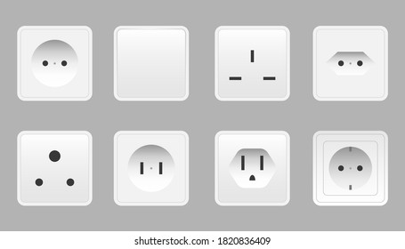 Set of realistic switches and sockets of various type isolated. Power electrical socket electricity turn off and on plug realistic pictures.
