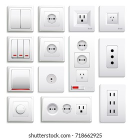 Set of realistic switches and sockets of various type isolated on white background 3d vector illustration  