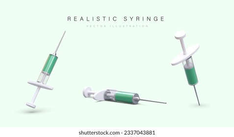 Set of realistic syringes with green liquid, needle. Disposable equipment for injections. Medical device for vaccination. Isolated vector object, view from different sides