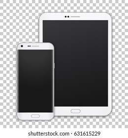 Set of realistic tablet and mobile phone with empty screen. New electronic gadget isolated on transparent background, vector 3d illustration.