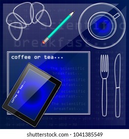 Set of realistic tablet and pencil, virtual coffee cup, fork, knife, and napkin. Top view isolated on paper grid background. Table setting in graph futuristic style - vector.
