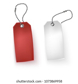 Set of realistic tags business blank retail card discount sale vector illustration. Red and white sale tags on white.