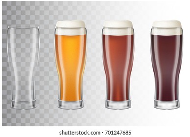 Set of realistic tall beer glasses with different main types of beer. ?lassic light beer, dark, red and empty glass on transparent background. Vector illustration of a 3d style