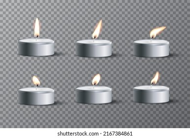 Set of realistic tea candles with different flames isolated on transparent background. Vector design elements