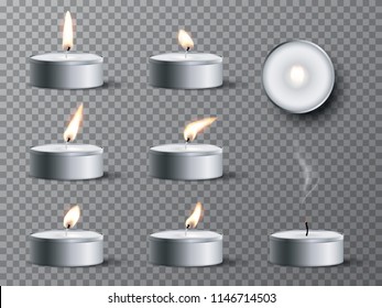 Set of realistic tea candles isolated on transparent background. Vector design elements.