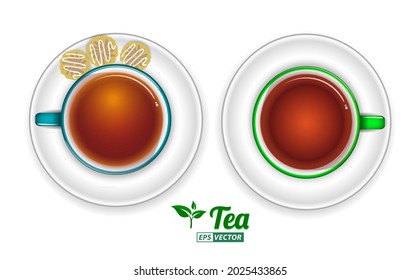 set of realistic tea top view or a cup of green tea with saucer with morning snack. eps vector