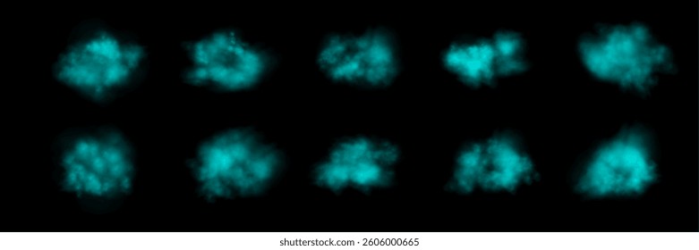 Set of realistic teal smokes or haze on a black background. Magic fog, vapor. Vector illustration