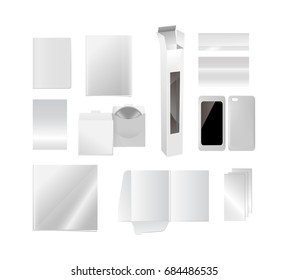 Set of realistic template of cover for books, magazines, flyers, banners, CDs, phone cases, glossy catalogs, wine boxes, business cards. Vector illustration isolated on white background.