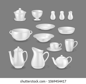 Set of realistic template mock-up porcelain ceramic ware. Tableware for cooking, cooking utensils for serving table, food. Cups, mugs, kettles for making and drinking drinks. Vector illustration.