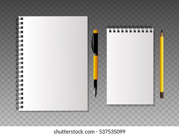 Set of realistic template notebooks. Pencil and pen. Blank cover design. School business diary. Vector illustration.