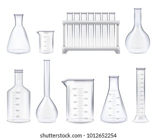 Set of realistic test-tubes and glass jars of various shape with measuring scale isolated vector illustration