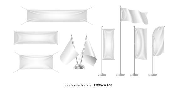 Set of realistic textile banners, posters and flags empty mockup isolated on white background. White flags template for advertising and promotion posters design. Vector illustration
