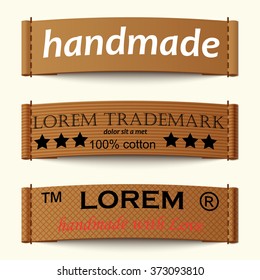 Set of  realistic textile brown labels, hand made and trademark name, on white background, vector