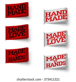 Set of  realistic textile red and white labels with tissue structure, hand made and made with love and made by hand, with shadow on white background, vector