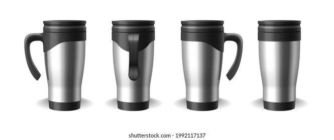 Set of realistic thermo cups silver with black plastic handle isolated on white background. Travel mugs, tumbler and thermal bottles for beverage. 3d vector illustration