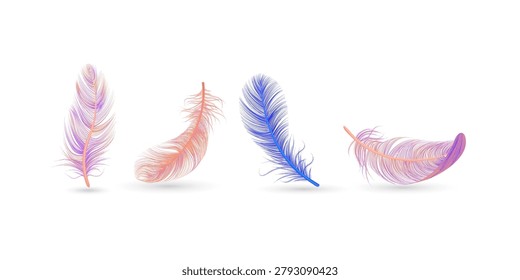 Set of realistic three dimensional colorful bird feathers floating softly for nature decoration fantasy design airy elegant visual composition
