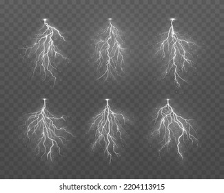 Set of realistic thunderstorm and lightning, the effect of light and shine. Charge current. Natural phenomena.