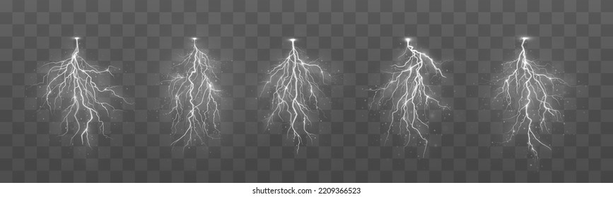 Set of realistic thunderstorm and lightning, the effect of light and shine. Charge current. Natural phenomena.